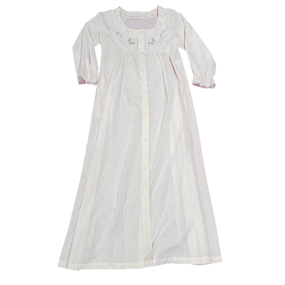 Vintage 60s Gilead Pale Pink Nightgown Embroidered Bodice Lace Accent Womens L